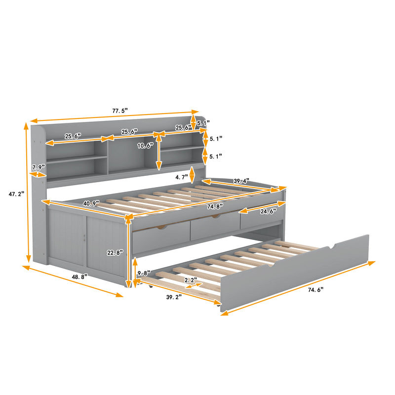 Twin Size Wooden Captain Bed with Built-in Bookshelves,Three Storage Drawers and Trundle,Light Grey