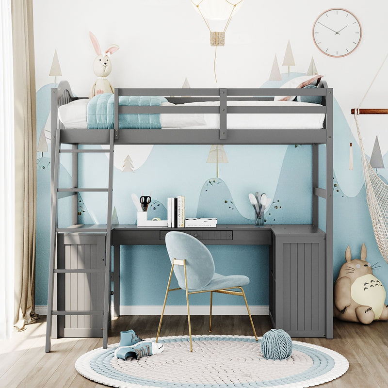 Twin size Loft Bed with Drawers, Cabinet, Shelves and Desk, Wooden Loft Bed with Desk - Gray(OLD SKU :LT000505AAE)