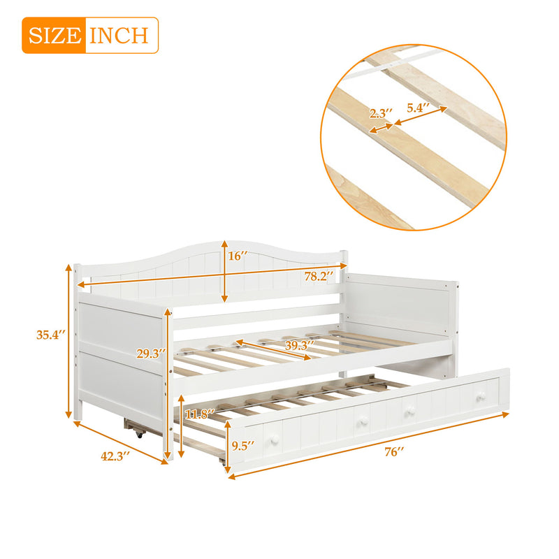 Twin Wooden Daybed With Trundle Bed, Sofa Bed For Bedroom Living Room - White