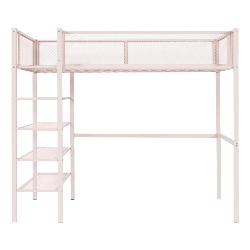 Twin Size Metal Loft Bed with 4-Tier Shelves and Storage, Pink