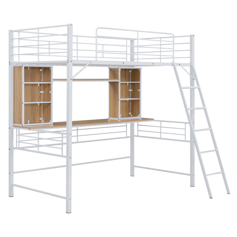 Twin Size Loft Bed with Desk and Shelf , Loft Bed with Ladder,Twin,White