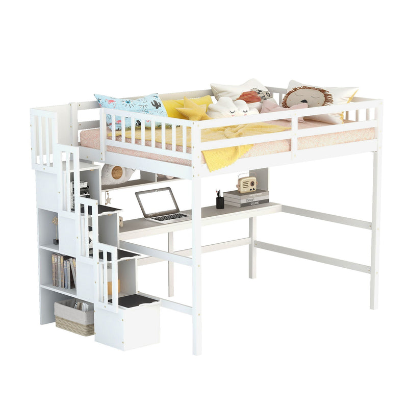 Full Size Loft Bed With Built-In Desk, Bookshelves And Storage Staircase - White