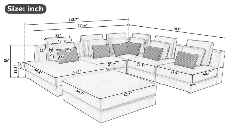 112.7" Modular Sectional Sofa Corner Sofa Chaise Lounge with Movable Ottoman for Living Room, Brown