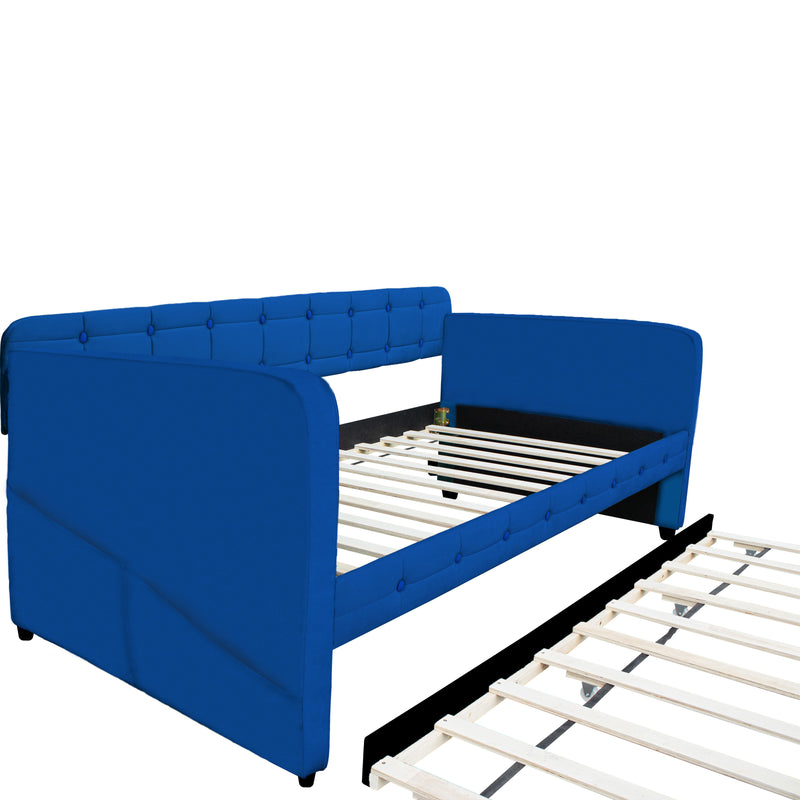 Upholstered Twin Size Daybed Bed Frame (Corner Bed) With Trundle, Velvet Fabric, Studding Design, No Box Spring Required