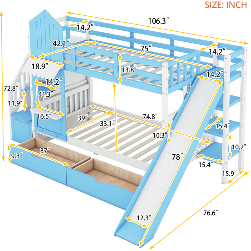 Twin-Over-Twin Castle Style Bunk Bed with 2 Drawers 3 Shelves and Slide - Blue