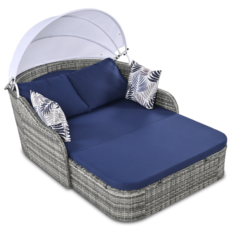 Outdoor Sunbed With Adjustable Canopy, Daybed With Pillows, Double Lounge, PE Rattan Daybed