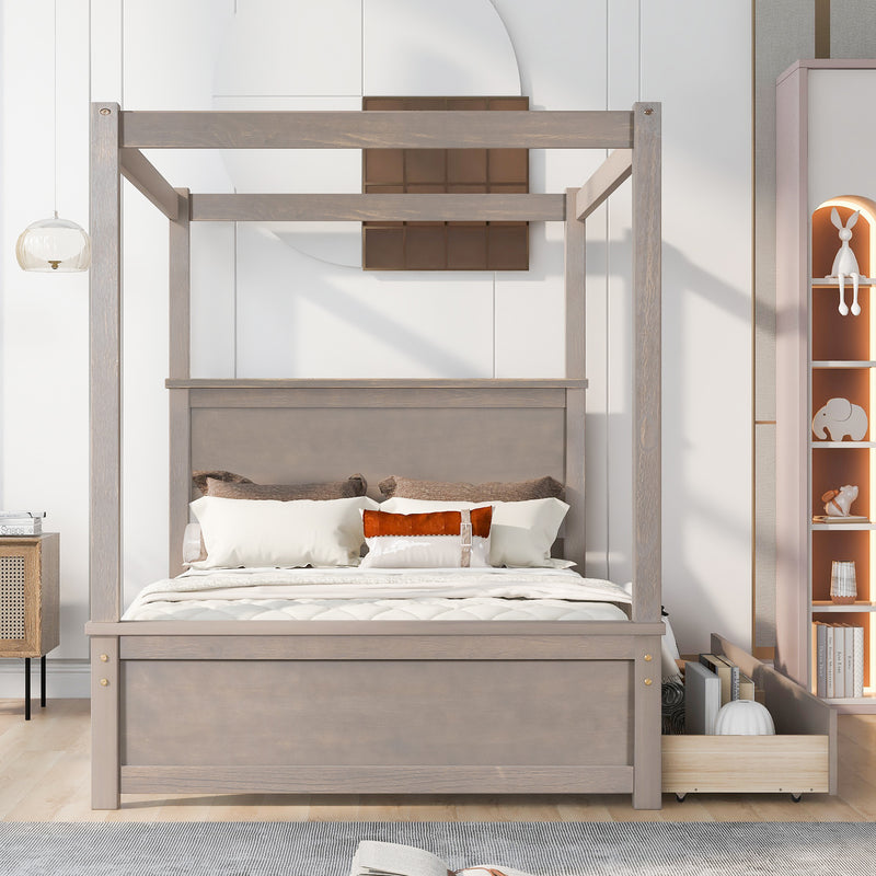 Wood Canopy Bed with two Drawers, Full Size Canopy Platform bed With Support Slats .No Box Spring Needed, Brushed Light Brown