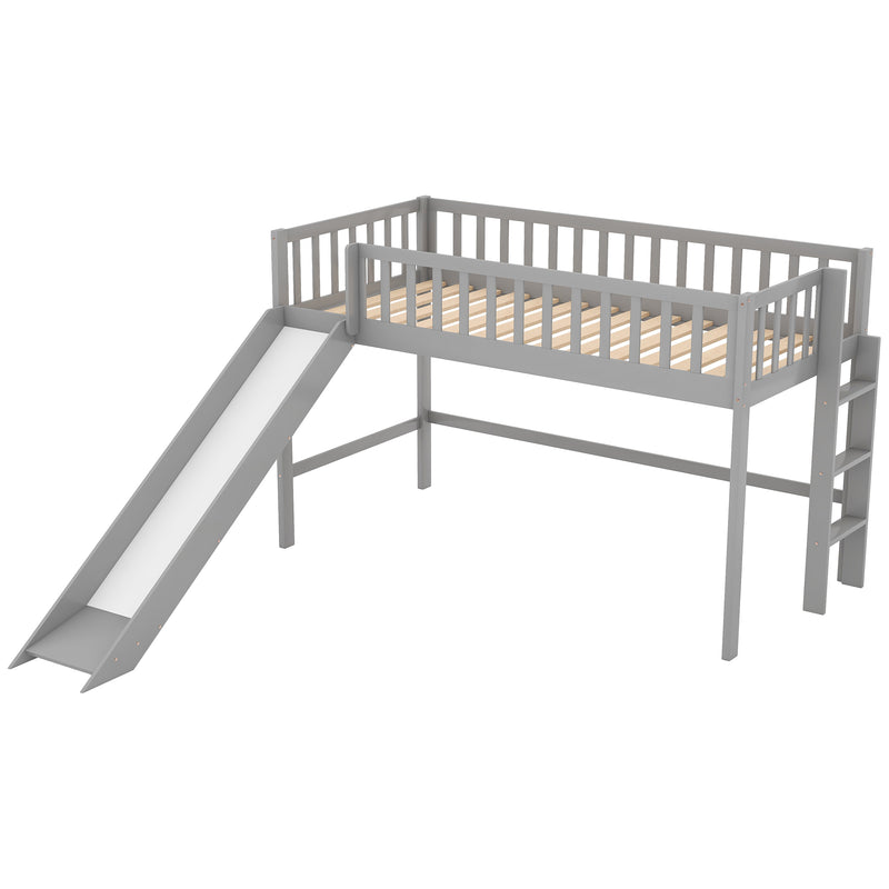 Twin Size Low Loft Bed with Ladder and Slide, Gray(OLD SKU:WF196418AAE)