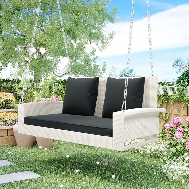 2 Person Wicker Hanging Porch Swing With Chains, Cushion, Pillow, Rattan Swing Bench For Garden, Backyard