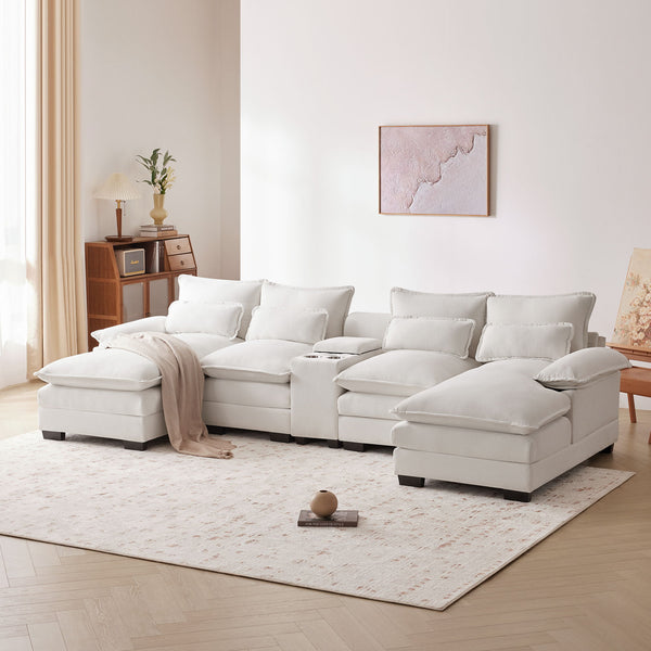 Modern U Shaped Sofa With Console, Cupholders And USB Ports, 6 Seat Upholstered Symmetrical Indoor Furniture, Sleeper Couch Set With Chaise For Living Room, Apartment, 2 Colors - White