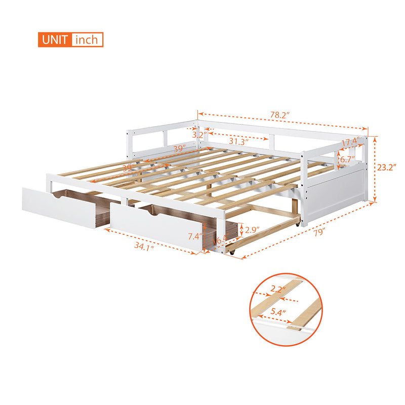 Wooden Daybed With Trundle Bed And Two Storage Drawers, Extendable Bed Daybed, Sofa Bed For Bedroom Living Room - White