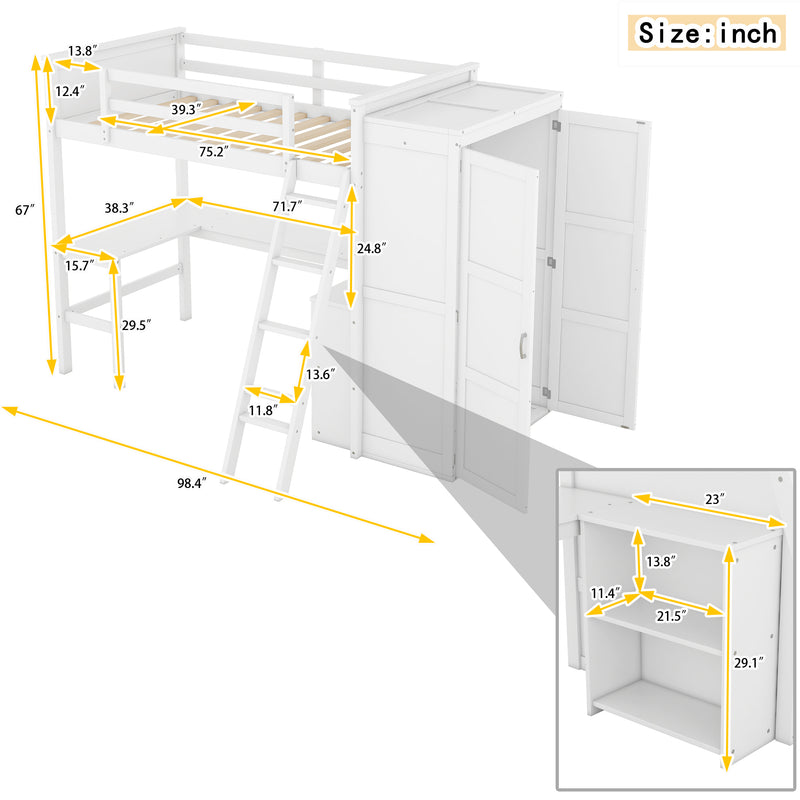 Twin size Loft Bed with Desk, Shelves and Wardrobe-White