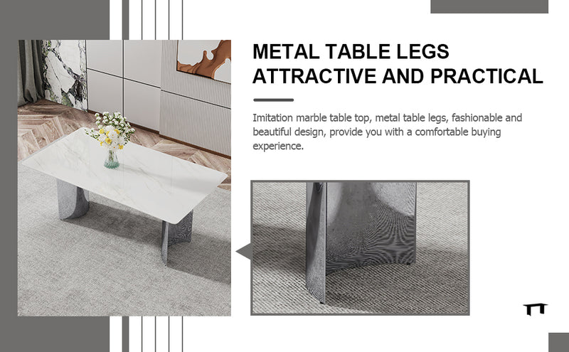 Table and chair set, modern and minimalist dining table. Imitation marble glass sticker desktop, stainless steel legs, stable and beautiful. Comfortable PU seats. DT-69