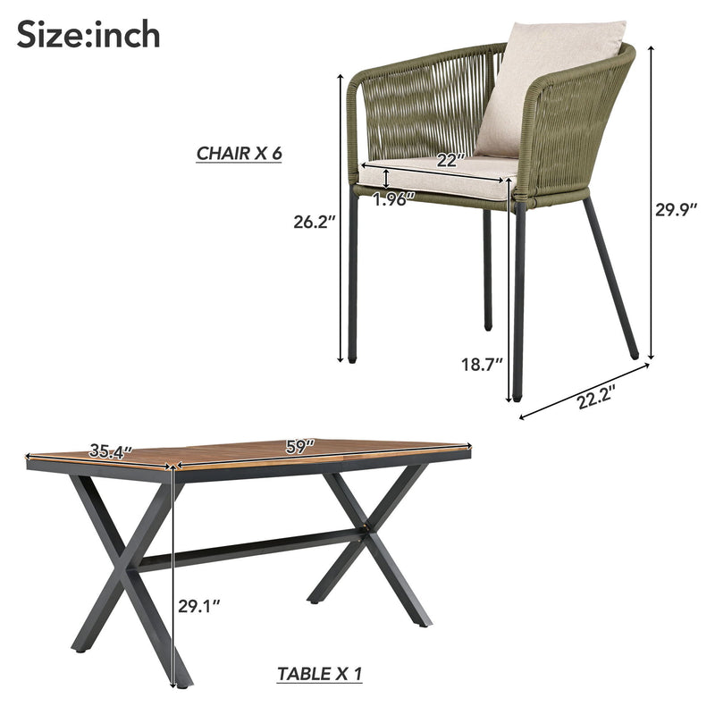 7 Pieces Patio Dining Set, All-Weather Outdoor Furniture Set With Dining Table And Chairs, Acacia Wood Tabletop, Metal Frame, For For Garden, Backyard, Balcony - Green