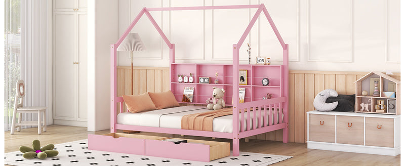 Wooden Full Size House Bed with 2 Drawers,Kids Bed with Storage Shelf, Pink