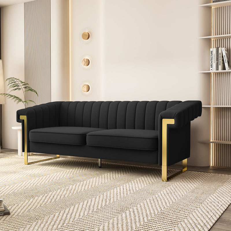 Sofa Modern Sofa With Gold Accents, Sleek Channel-Tufted Upholstery, 3 Seat Couch For Living Room And Office Decor