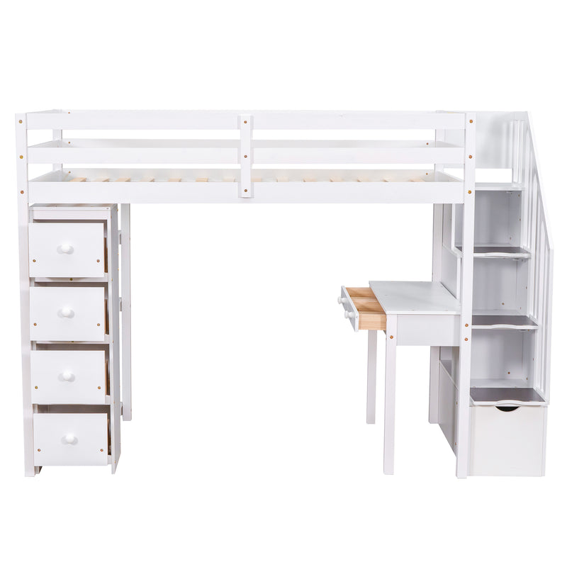 Twin size Loft Bed with Storage Drawers ,Desk and Stairs, Wooden Loft Bed with Shelves - White