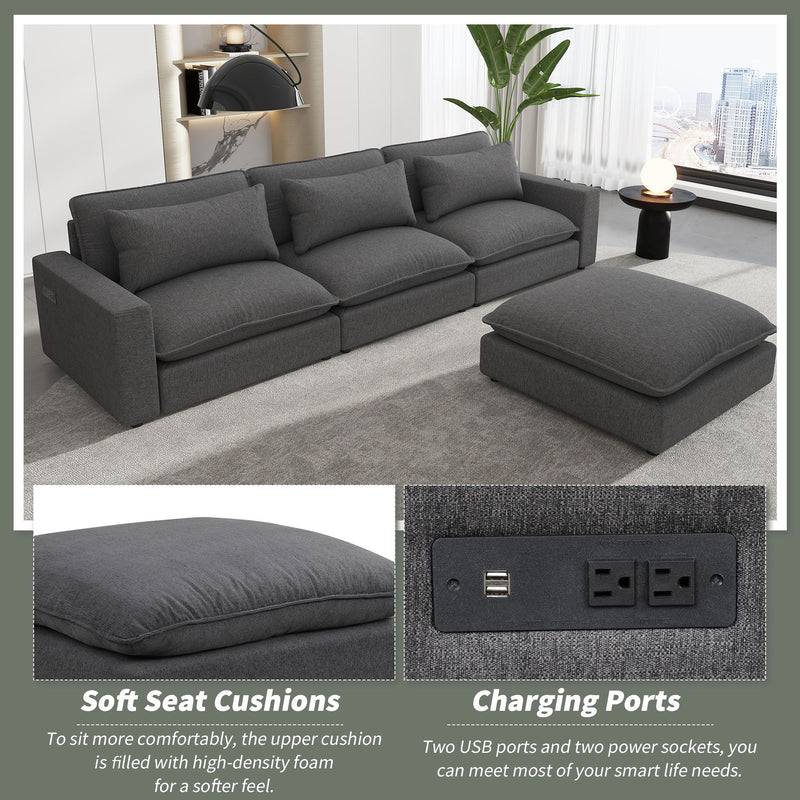 Sectional Sofa Cloud Sofa Chenille Upholstered Sofa Couch With Movable Ottoman, Comfortable Seat Cushions, Charging Ports And Three Back Pillows For Living Room