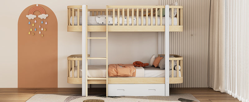 Wood Twin over Twin Bunk Bed with Fence Guardrail and a Big Drawer, Natural White