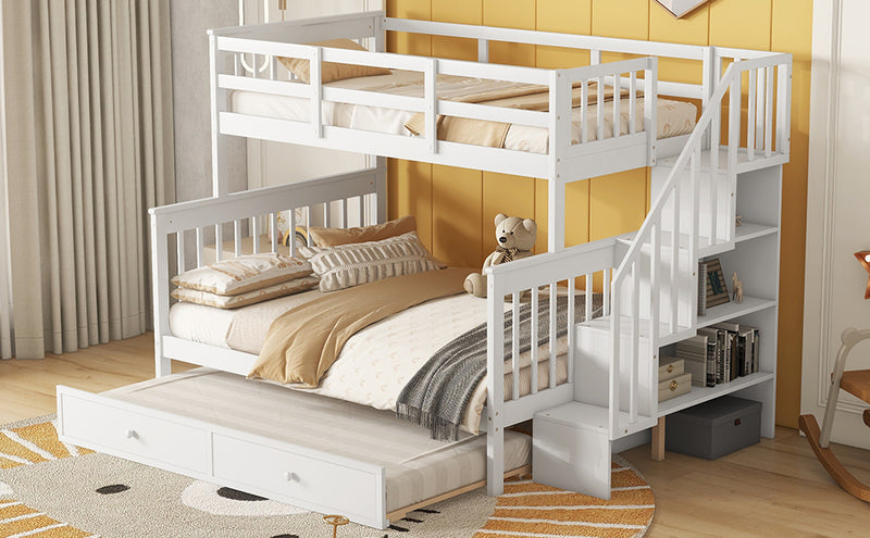 Twin-Over-Full Bunk Bed with Twin size Trundle, Storage and Guard Rail for Bedroom, Dorm, for Adults, White(OLD SKU :LT000119AAK)