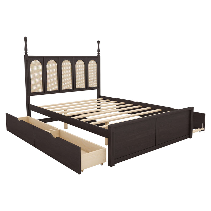 Rattan Platform Bed With With 2 Big Drawers With Trundle