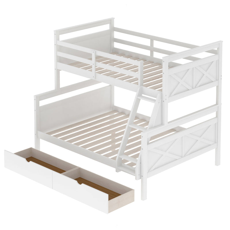 Twin Over Full Bunk Bed With Ladder, Two Storage Drawers, Safety Guardrail