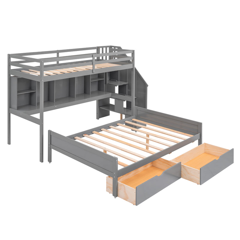 Twin XL over Full Bunk Bed with Built-in Storage Shelves, Drawers and Staircase,Gray