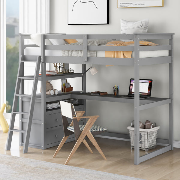 Twin Size Loft Bed with Desk and Shelves, Two Built-in Drawers, Gray(old SKU:GX000803AAE-1)