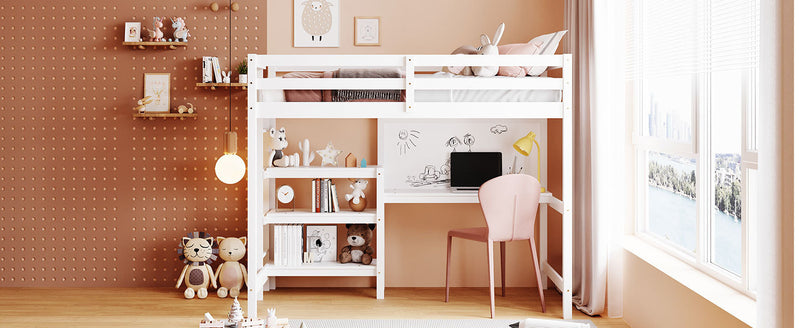 Twin Size Wooden Loft Bed with Shelves, Desk and Writing Board - White