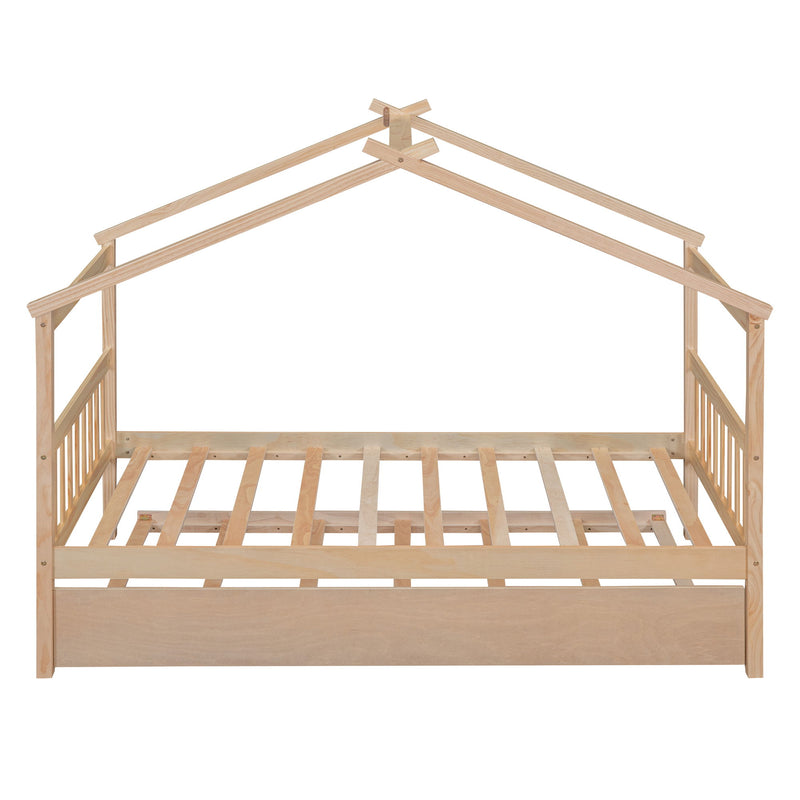 Wooden House Bed With Twin Size Trundle