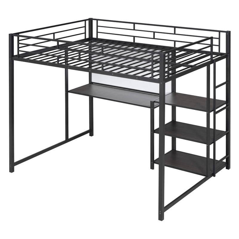 Full Size Loft Bed With Desk And Whiteboard, Metal Loft Bed With 3 Shelves And Ladder - Black