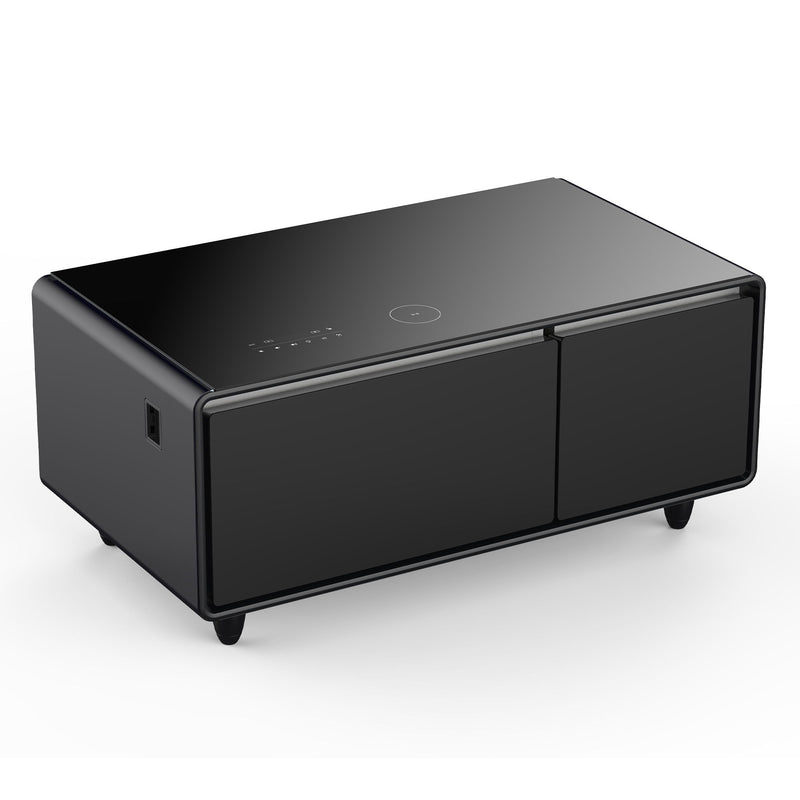 Modern Smart Coffee Table With Built-In Fridge - Bluetooth Speaker, Wireless Charging, Touch Control Panel, USB Interface, Outlet Protection, Atmosphere Light - Black