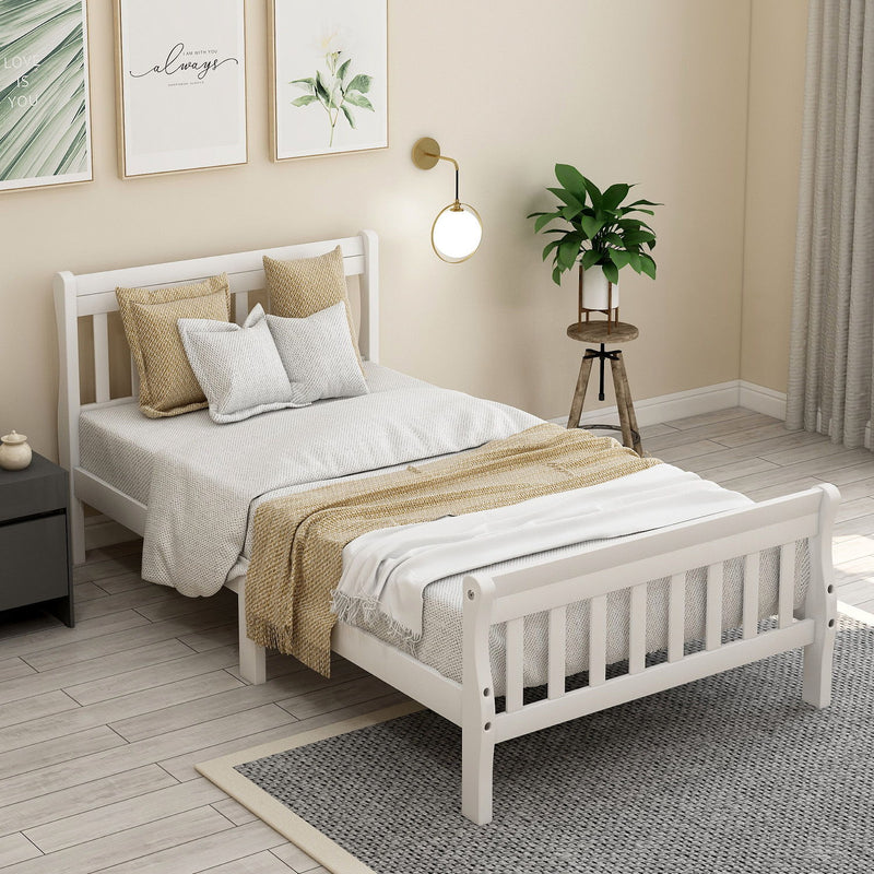 Twin Platform Bed Frame Panel Bed Mattress Foundation Sleigh Bed With Headboard / Footboard / Wood Slat Support - White