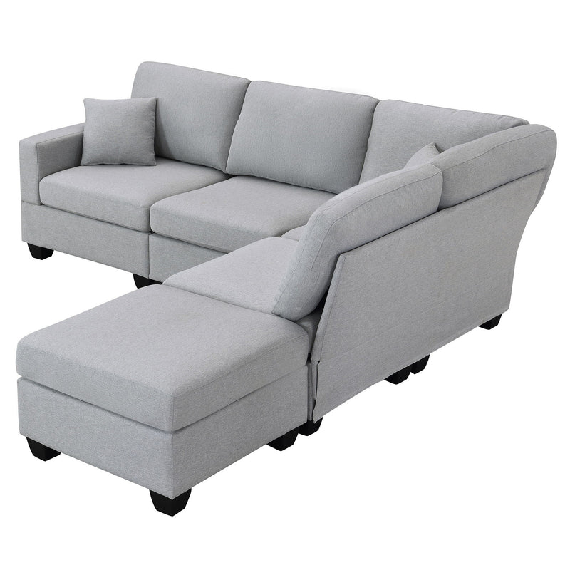 Modern Sectional Sofa, 5-Seat Modular Couch Set With Convertible Ottoman, L-Shape Linen Fabric Corner Couch Set With 2 Pillows For Living Room, Apartment, Office