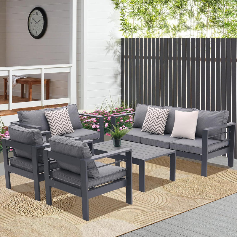 4 Piece Aluminum Outdoor Patio Conversation Set, All Weather Sectional Sofa Outside Furniture With Removable Cushions And Tempered Glass Coffee Table - Gray