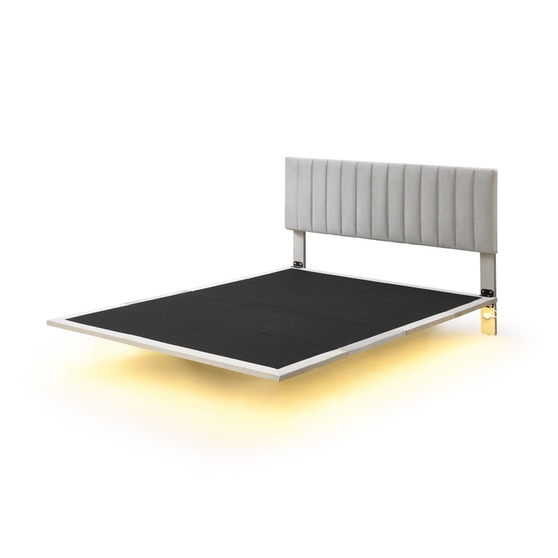 Queen Size Upholstered Bed With Sensor Light And Headboard, Floating Velvet Platform Bed - Gray