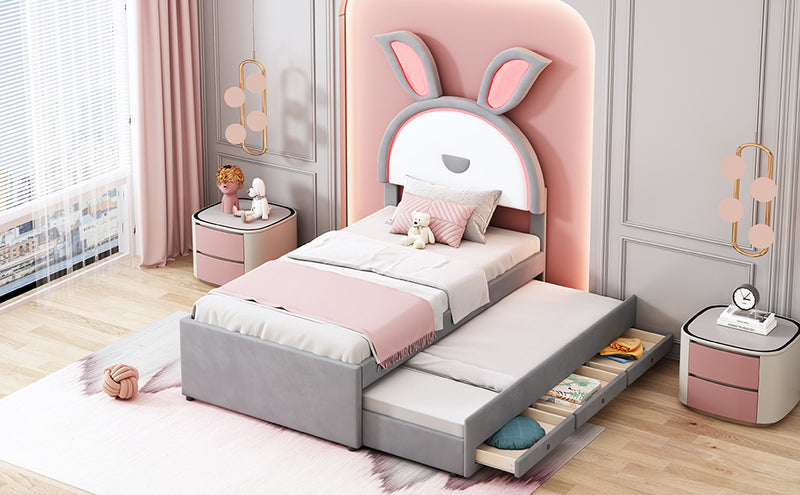 Twin Size Upholstered Platform Bed with Trundle and 3 Drawers, Rabbit-Shaped Headboard with Embedded LED Lights, Gray