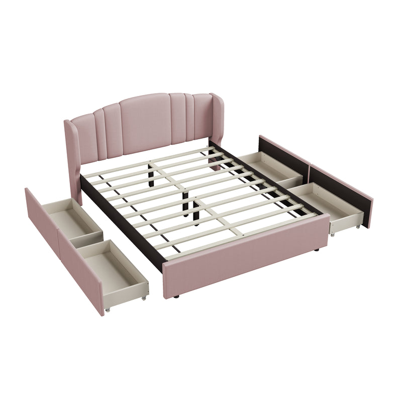 Upholstered Platform Bed with Wingback Headboard and 4 Drawers, No Box Spring Needed, Linen Fabric, Queen Size Pink