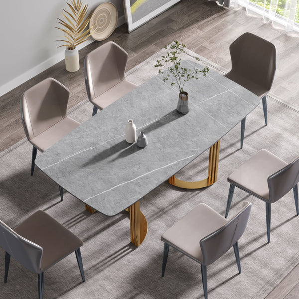 70.87" Modern Artificial Stone Gray Curved Golden Metal Leg Dining Table, Can Accommodate 6-8 People - Gray