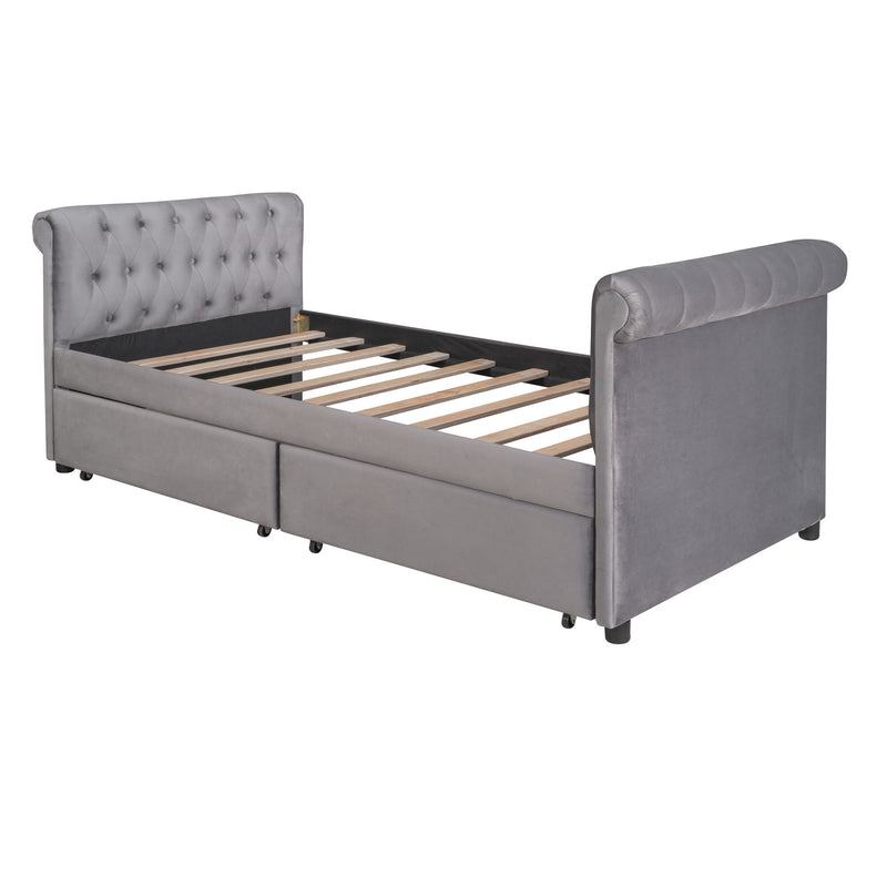 Twin Size Upholstered Daybed With Drawers, Wood Slat Support - Gray