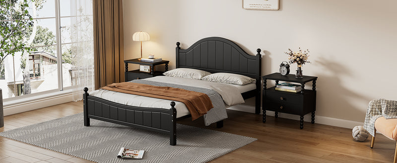 Traditional Concise Style Black Solid Wood Platform Bed, No Need Box Spring, Queen