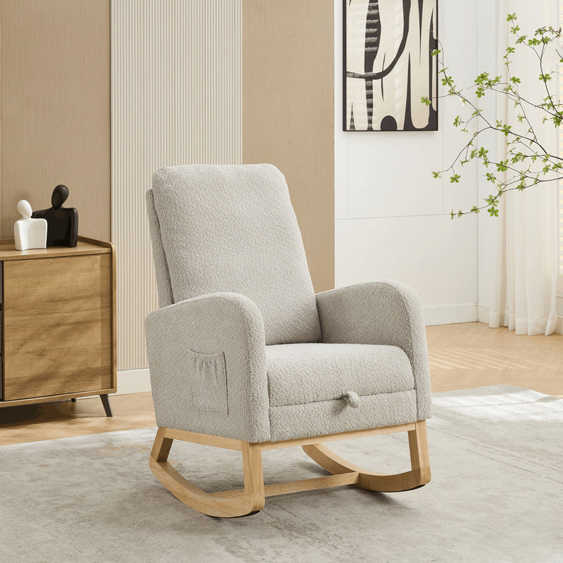 Rocking Chair For Nursery, High Back Glider Chair With Retractable Footrest, Side Pocket, Rocking Accent Armchair With Rubber Wood Legs For Living Room / Bedroom