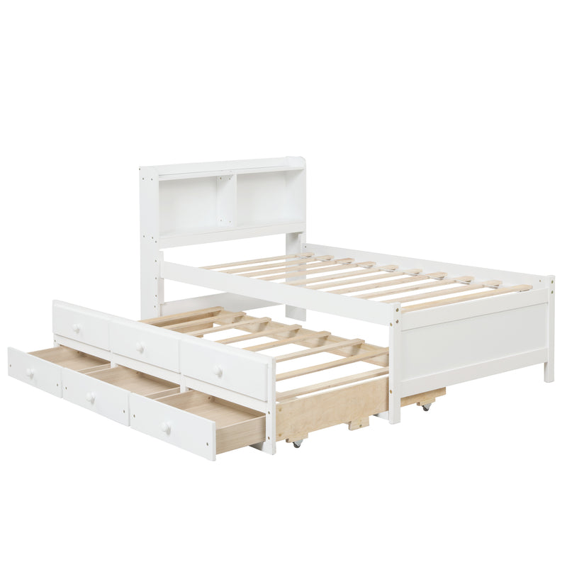 Twin Bed with Bookcase,Twin Trundle,Drawers,White