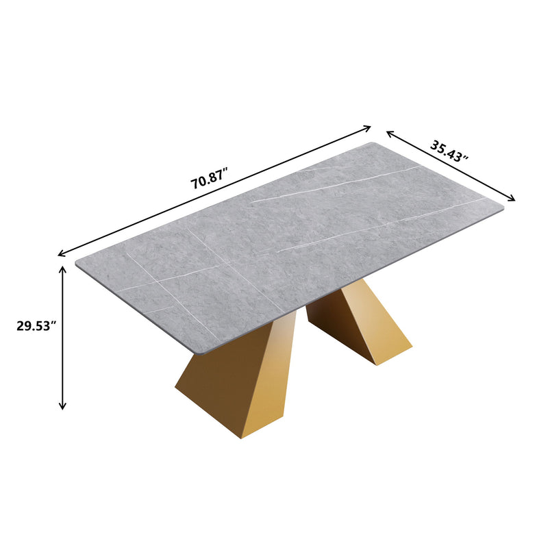 70.87" Modern Artificial Stone Gray Straight Edge Golden Metal Leg Dining Table, Can Accommodate 6-8 People - Gray / Gold