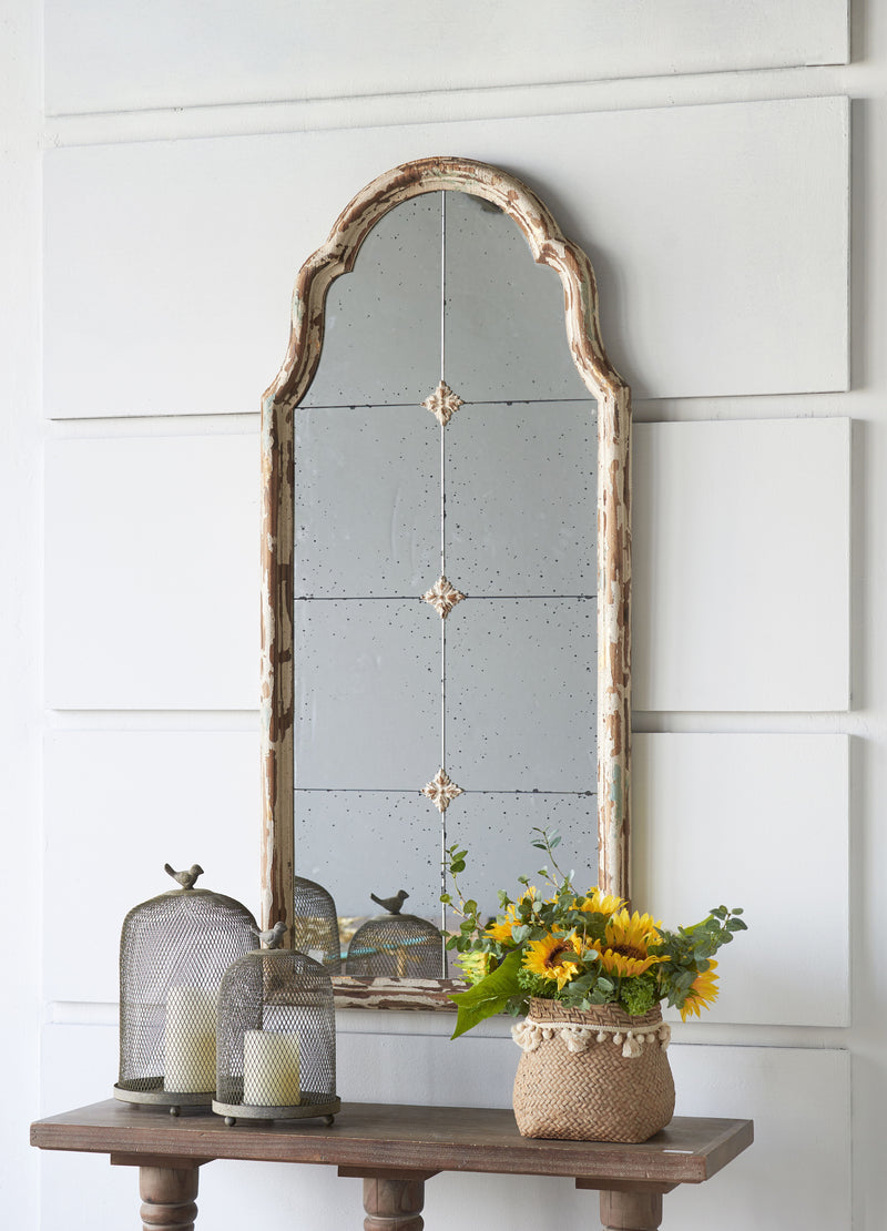 Large Framed Wall Mirror, Wood Arched Mirror With Decorative Window Look For Living Room, Bathroom, Entryway - Cream / Gold