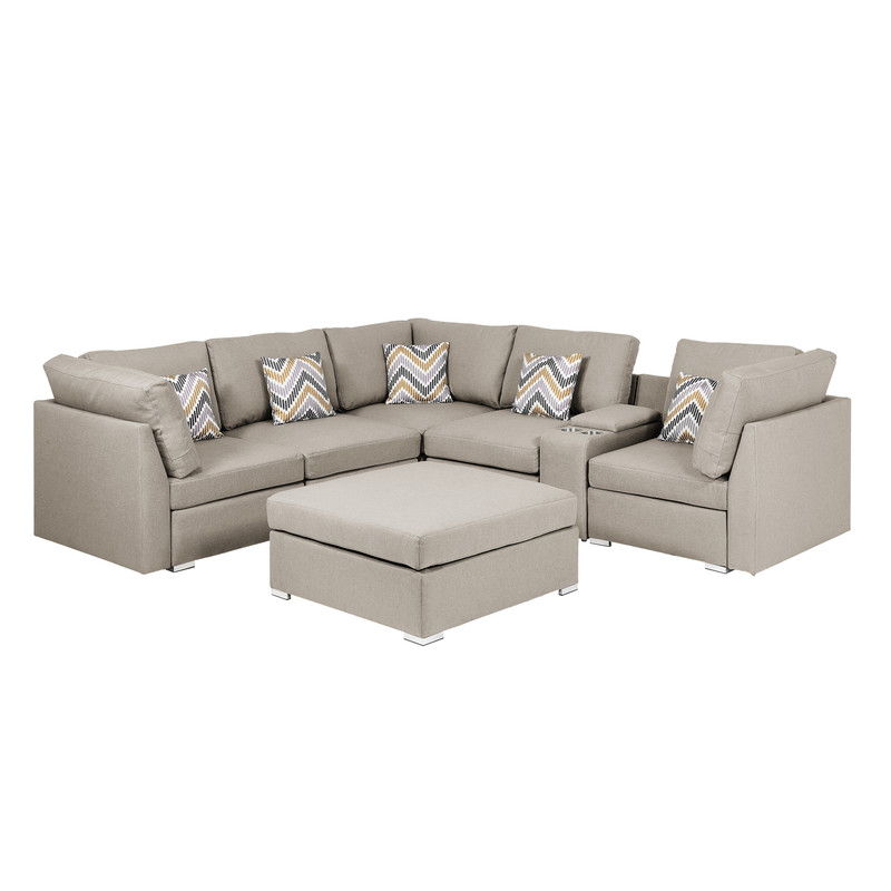 Amira - Fabric Reversible Sectional Sofa With USB Console And Ottoman