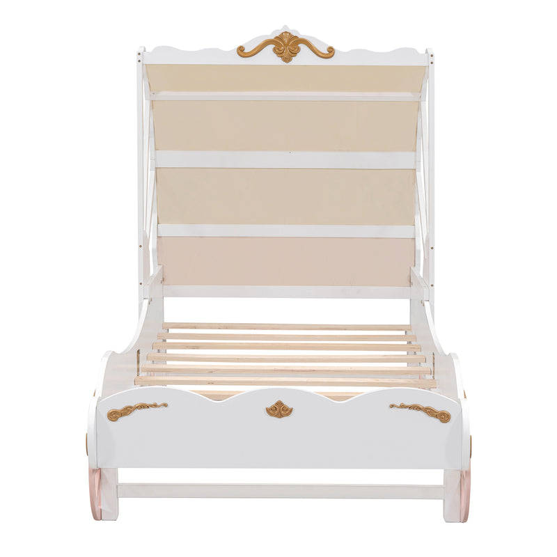 Twin Size Princess Carriage Bed with Canopy, Wood Platform Car Bed with 3D Carving Pattern, White+Pink+Gold