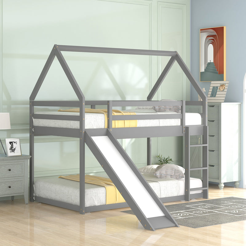 Twin Size Bunk House Bed with Slide and Ladder,Gray