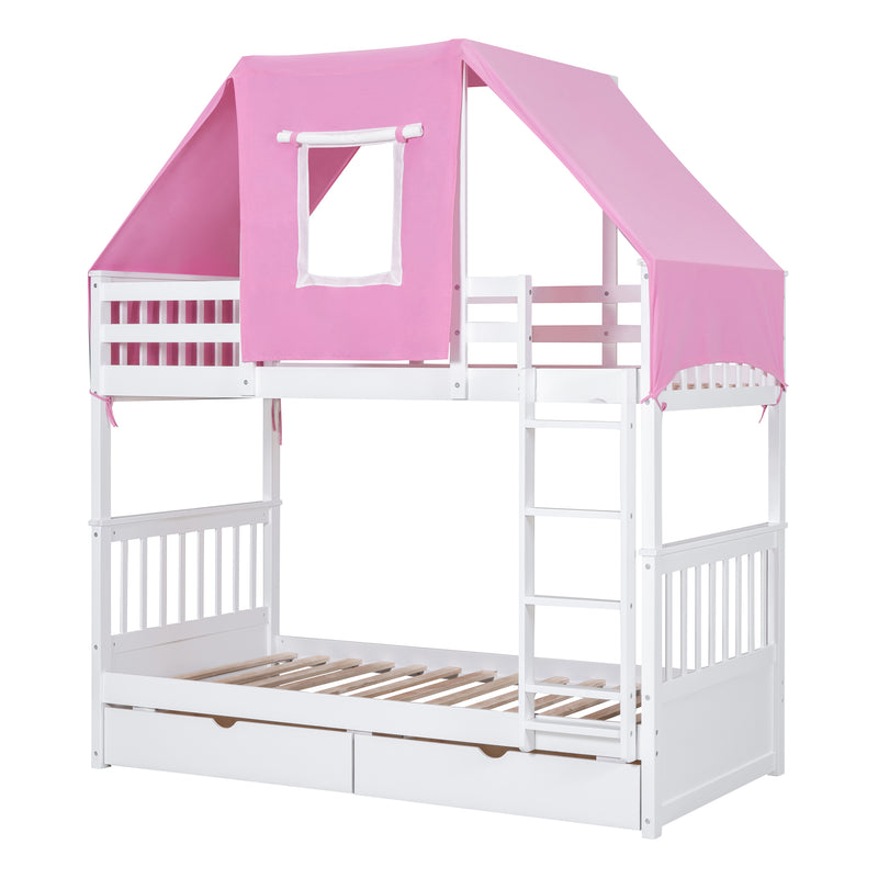 Twin Over Twin Bunk Bed Wood Bed with Tent and Drawers, White+Pink Tent