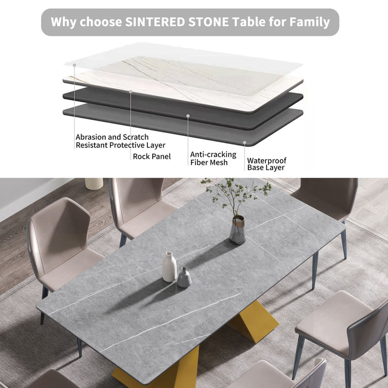 70.87" Modern Artificial Stone Gray Straight Edge Golden Metal Leg Dining Table, Can Accommodate 6-8 People - Gray / Gold